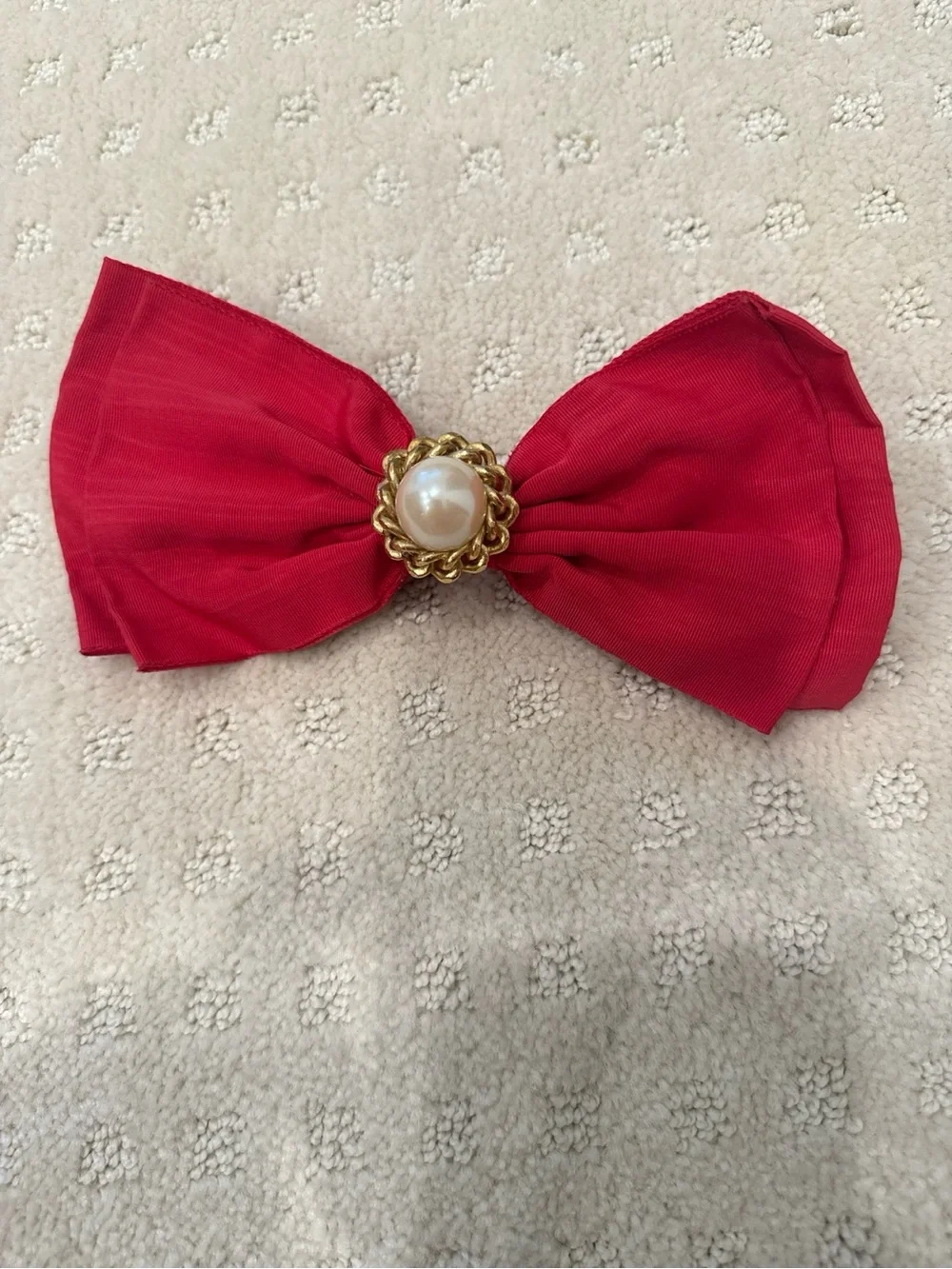 Vintage Style Red Bow Hair Barrette Faux Pearl Gold Tone Preppy